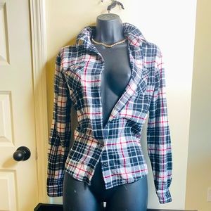 Large Black Red and White Soft Plaid Button Up